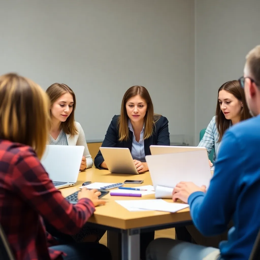 Gruppe von Menschen in einem Finanzkurs mit Taschenrechnern und Laptops