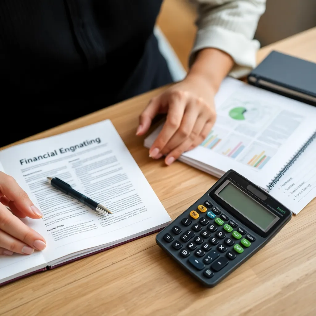 Person lernt Finanzgrundlagen mit Büchern und Taschenrechner