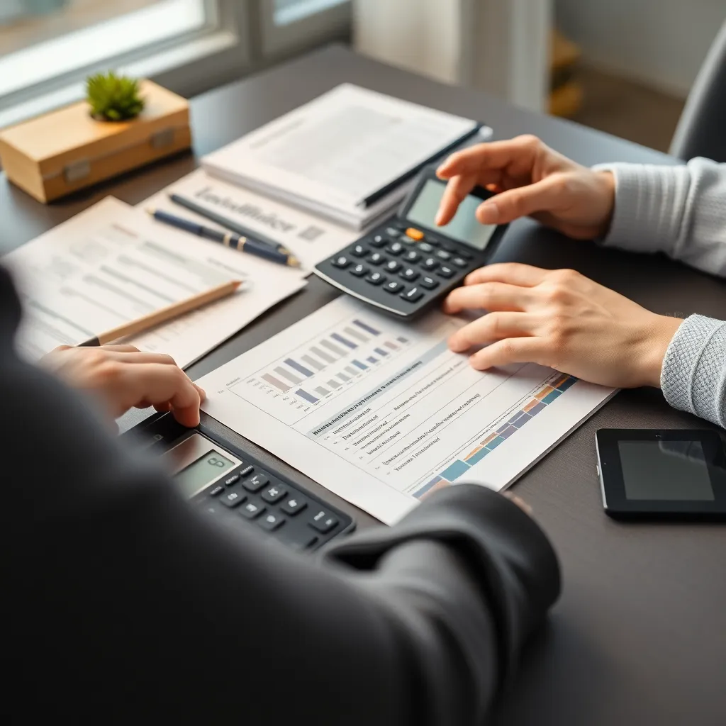 Person plant Finanzen mit Taschenrechner und Dokumenten