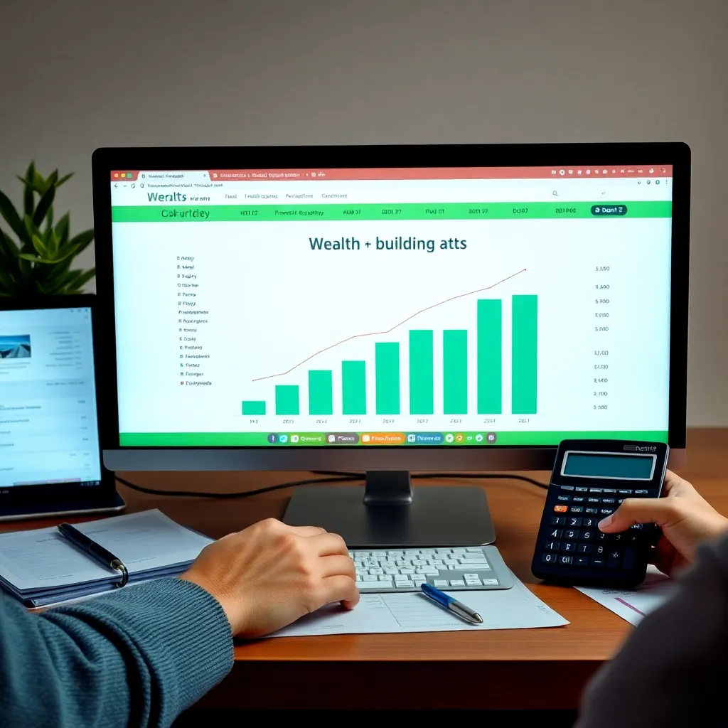 Person überprüft ihren Vermögensaufbau-Plan am Computer mit Finanzdokumenten