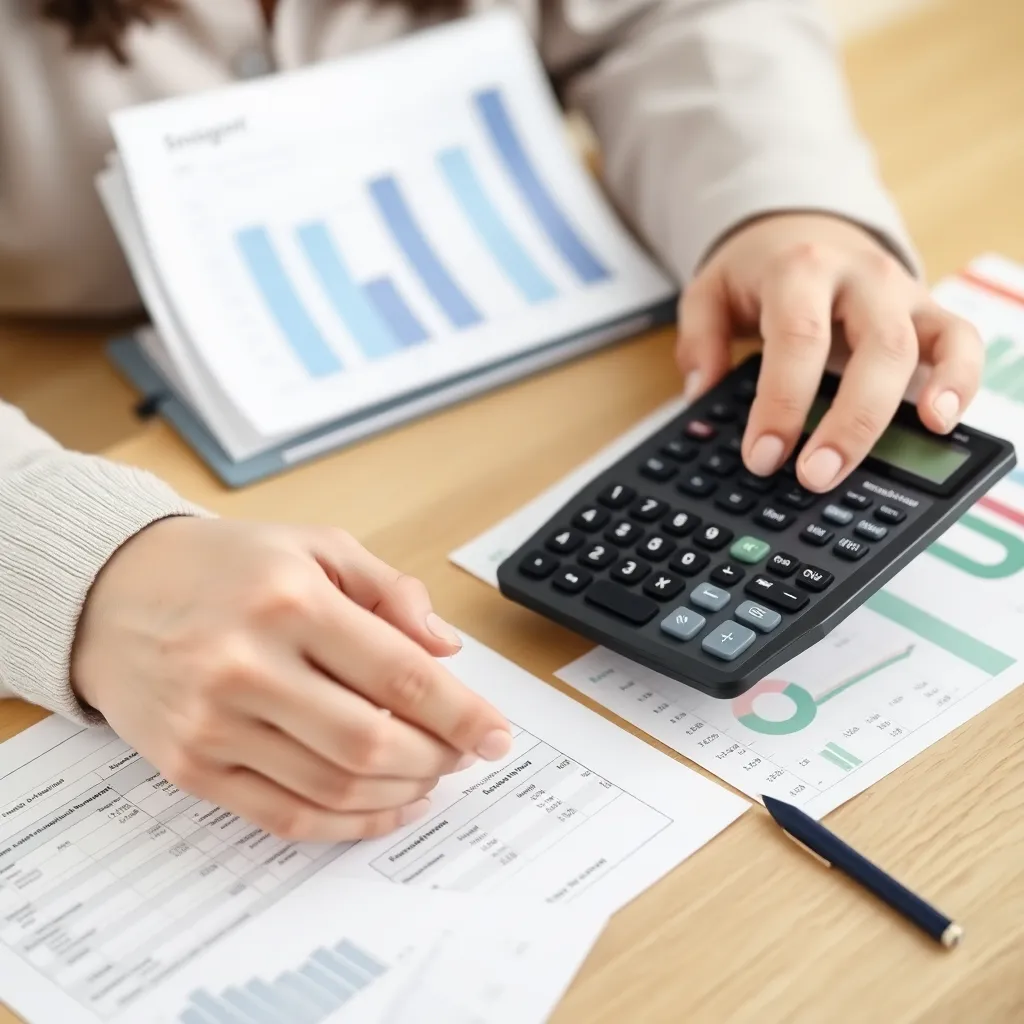 Person mit Taschenrechner und Finanzunterlagen beim Budgetieren